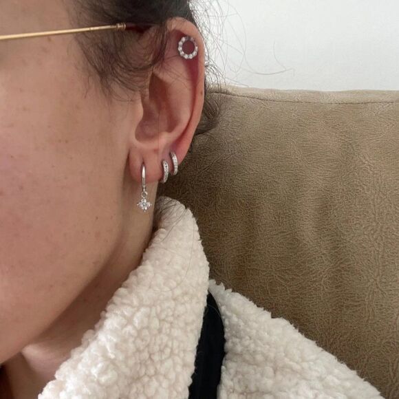 Dainty Crystal Flower Charm Hoop Earrings in Silver - Picture 5 of 6